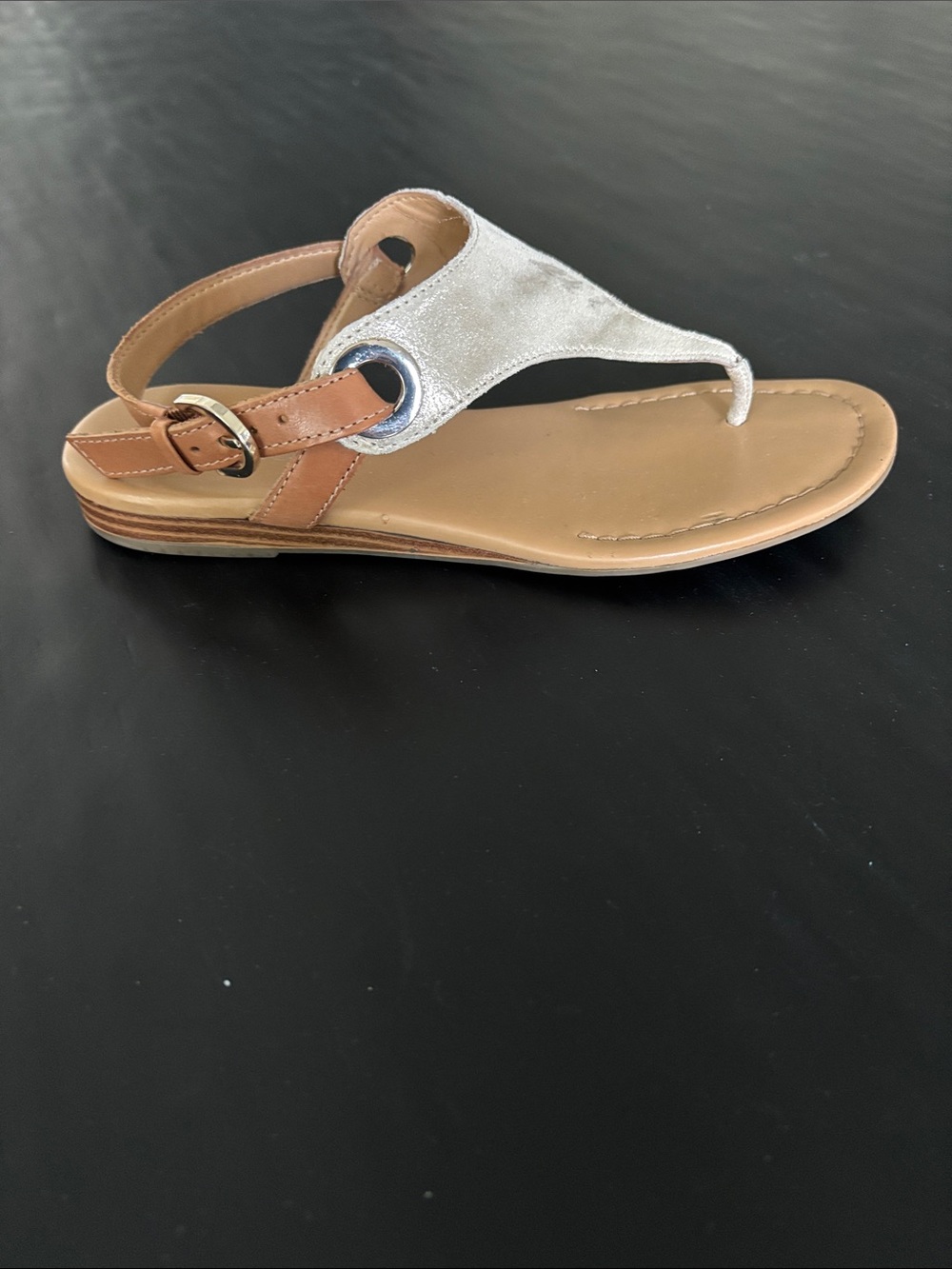 Franco Sarto Gold and Tan Leather T-Strap Thong Sandals Size 6